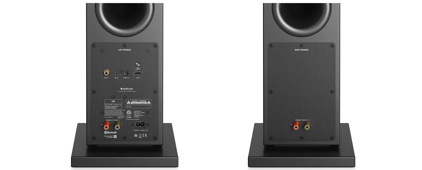 Enceintes connectées actives : toutes les connectiques audio analogiques et numériques à l'arrière de l'enceinte active Enceintes connectées actives : toutes les connectiques audio analogiques et numériques à l'arrière de l'enceinte active
