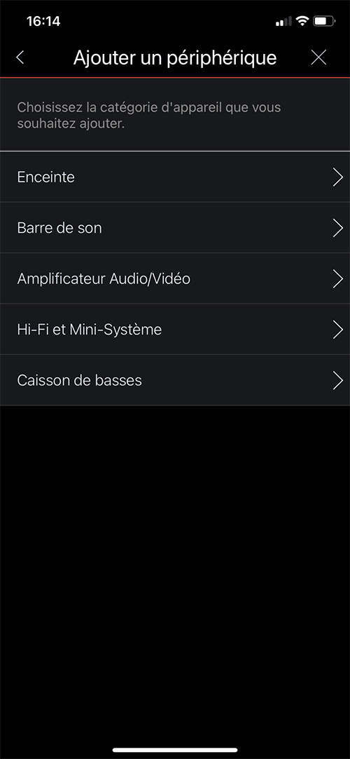 Application HEOS : choisir la catégorie du nouvel appareil à configurer