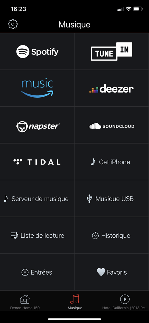 Application HEOS : menu principal pour accéder aux différentes sources musicales et services de streaming