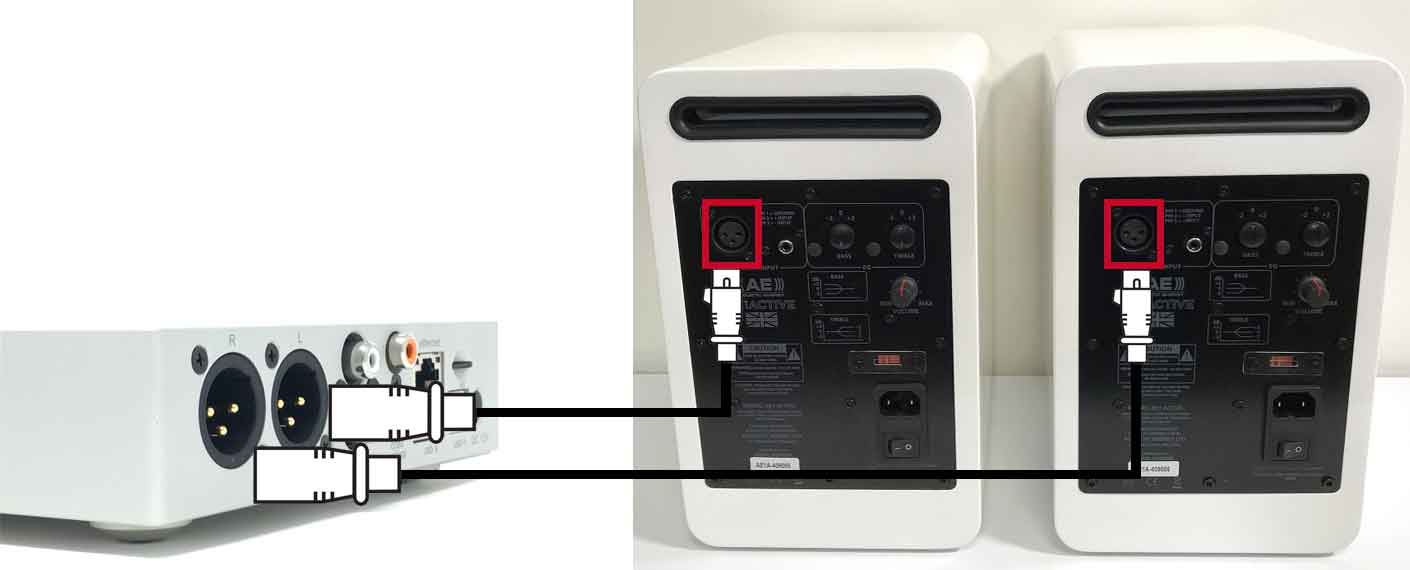 Connexion du lecteur réseau Waversa WMiniHPA MK2 aux enceintes actives Acoustic Energy AE1 par l’intermédiaire d’un câble analogique XLR.